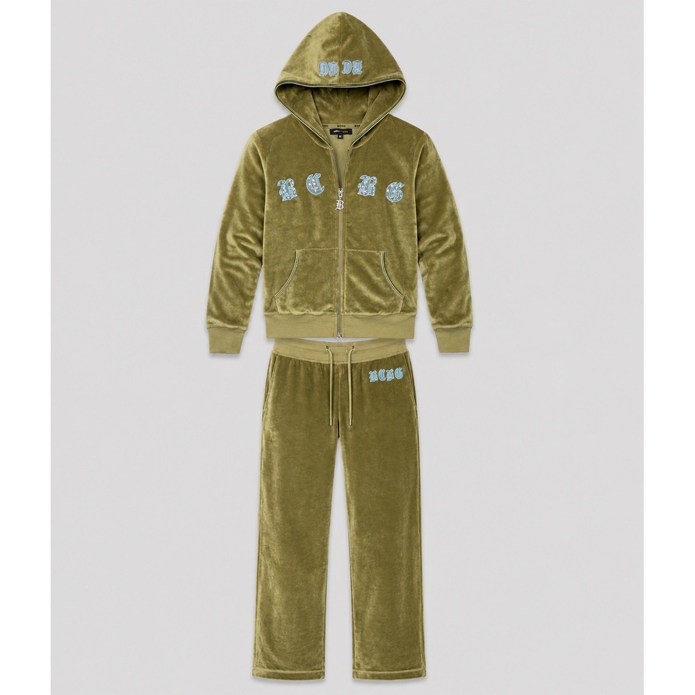 BCBG Max Azria Y2K Olive Velour Rhinestone Tracksuit Set Womens M Hoodie Pants